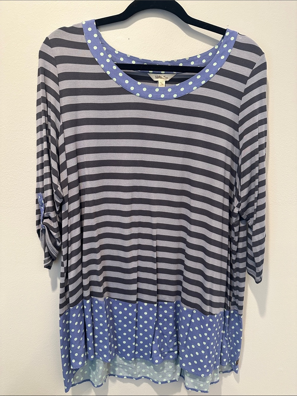 Matilda Jane Gray Striped Top with Blue Polka Dot Trim